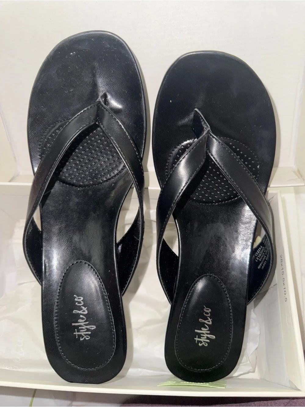 Style & Co. Black Patent Wedge Thong Sandals